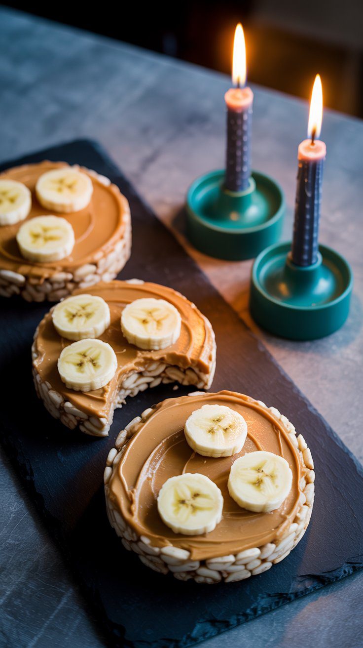Low FODMAP peanut butter banana rice cakes on slate with candlelight, showing safe banana portion and creamy peanut butter texture.