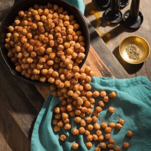 Two servings of crispy low FODMAP roasted chickpeas overflowing from skillet with candlelight, paprika-dusted, on oak board.
