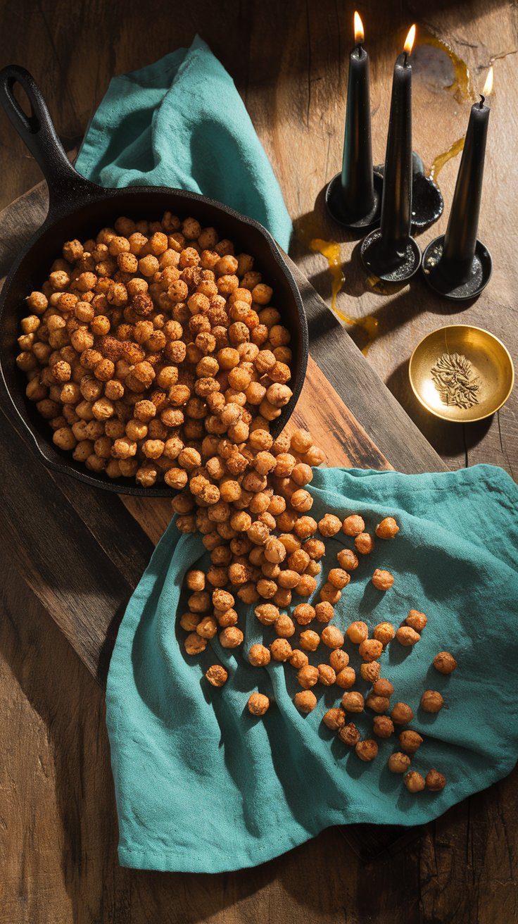Two servings of crispy low FODMAP roasted chickpeas overflowing from skillet with candlelight, paprika-dusted, on oak board.