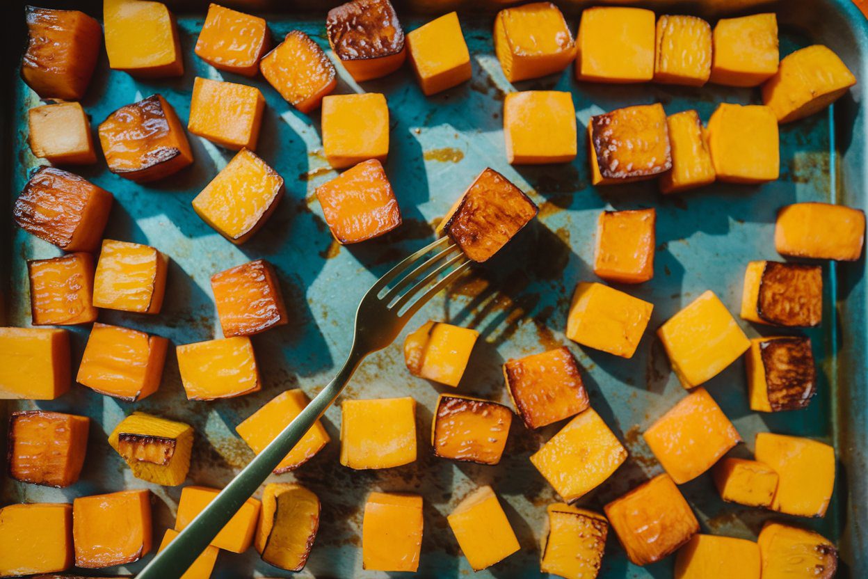 Roasting butternut squash cubes on sheet pan, one cube lifted with gold fork