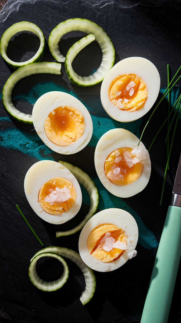 Perfect hard-boiled eggs with cucumber ribbons on black slate, garnished with chives. Teal knife and moody lighting showcase this IBS-safe snack