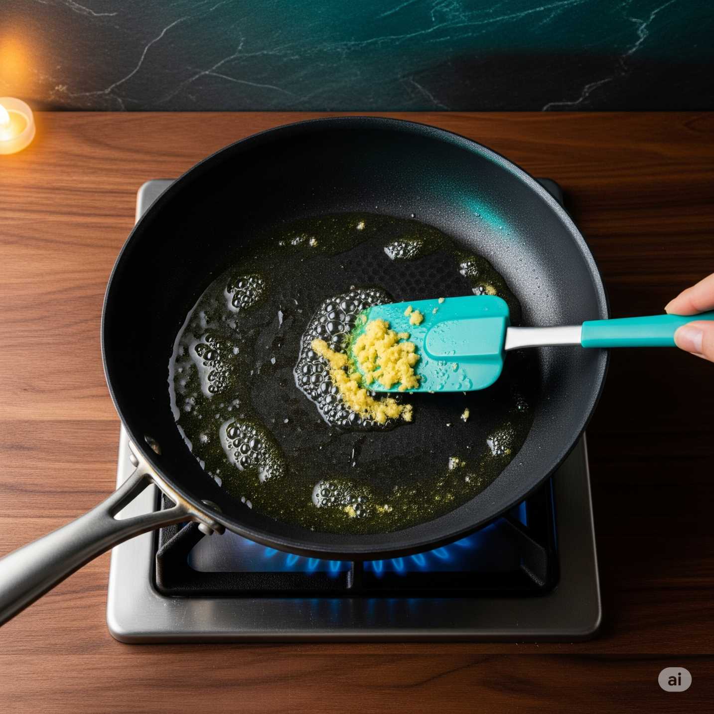 A hand uses a turquoise spatula to stir minced garlic into a pan of simmering oil on a gas stovetop, beginning a low FODMAP chicken stir fry.