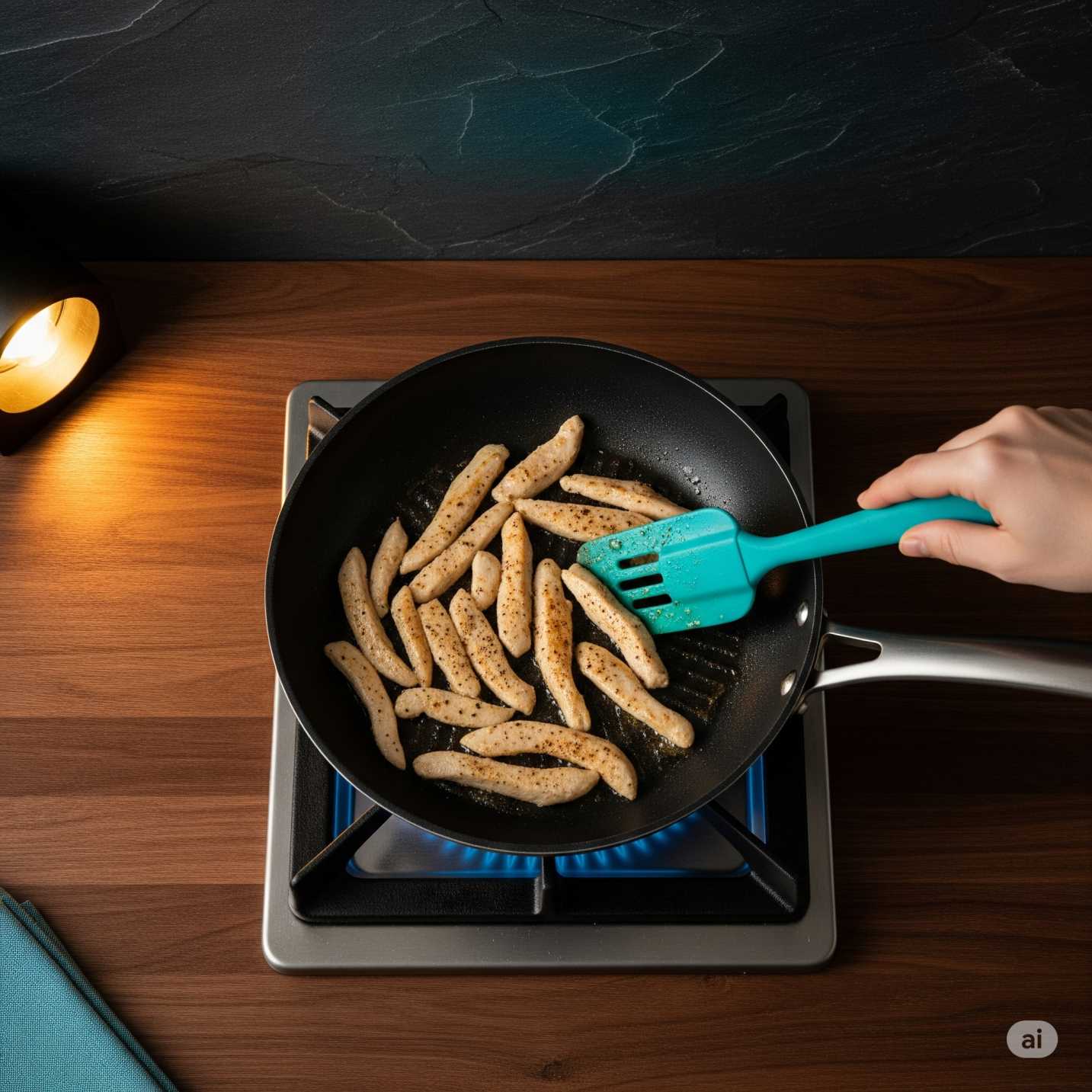 Slices of seasoned chicken breast are being stirred in a black frying pan on a gas stovetop with a turquoise spatula as part of a low FODMAP chicken stir fry recipe.