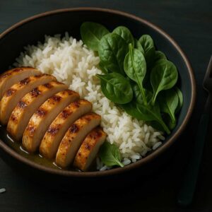 Low FODMAP grilled chicken bowl with rice and spinach on dark table