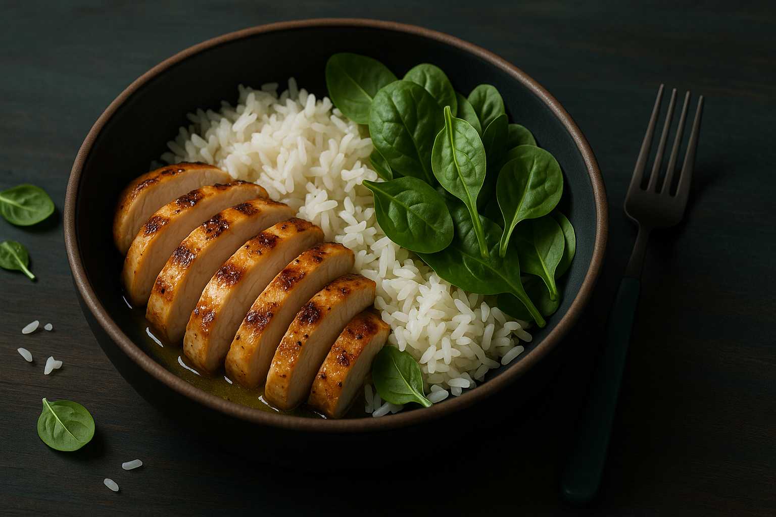 Low FODMAP grilled chicken bowl with rice and spinach on dark table