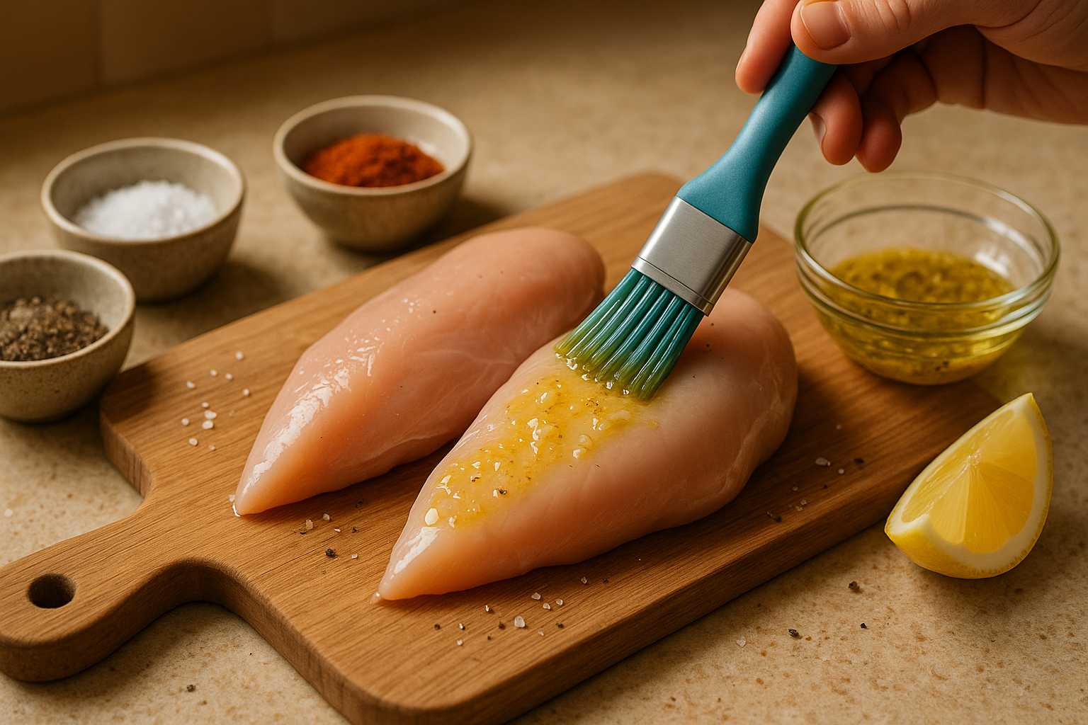 Brushing garlic-infused olive oil on raw chicken breasts