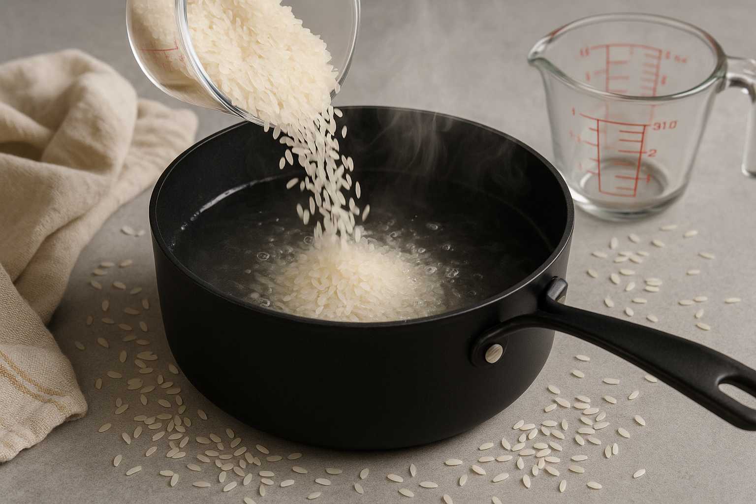 Pouring rice into saucepan for cooking