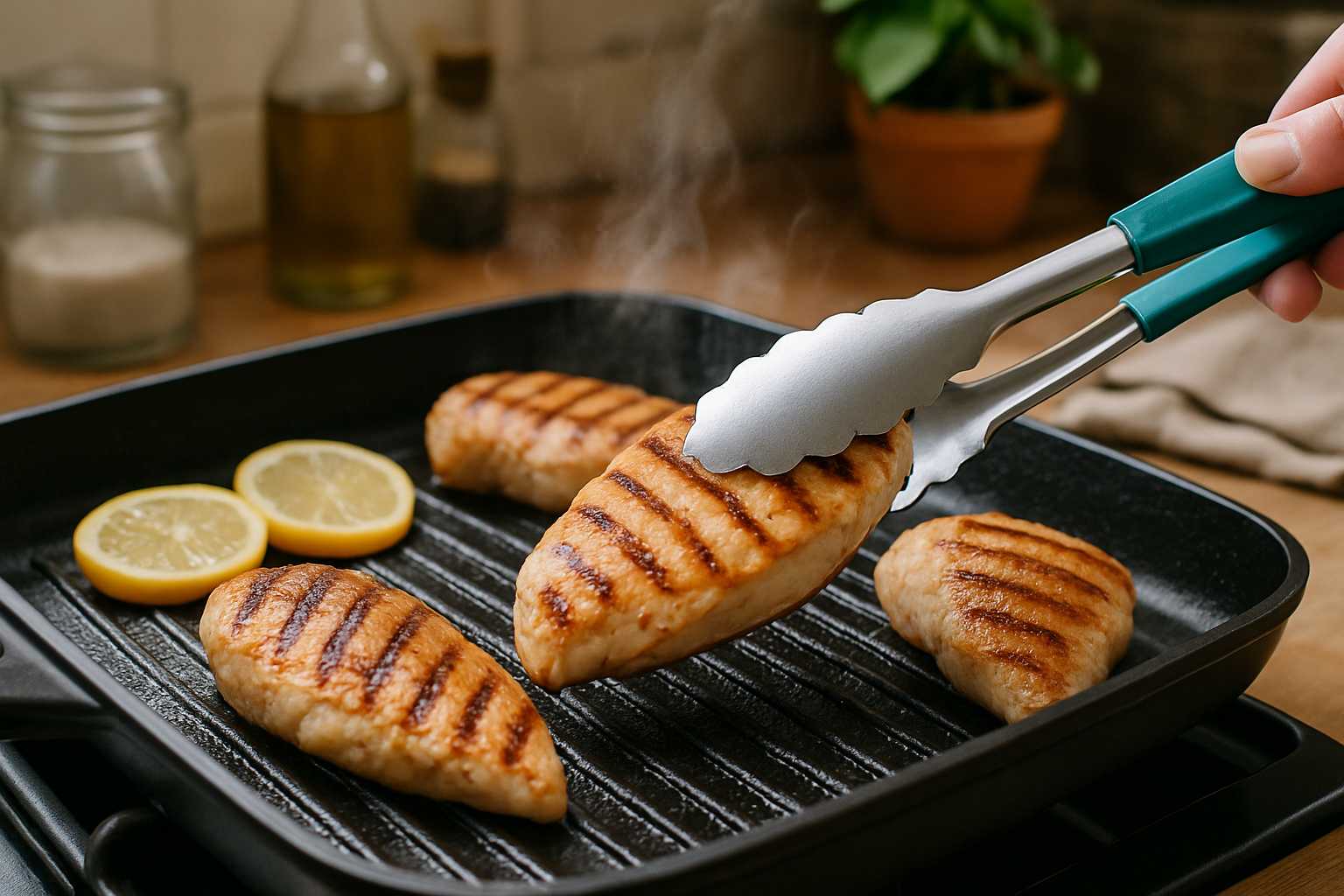 Chicken breasts grilling with sear marks