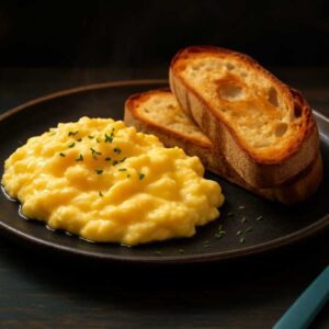 Low FODMAP scrambled eggs with sourdough toast on black plate.