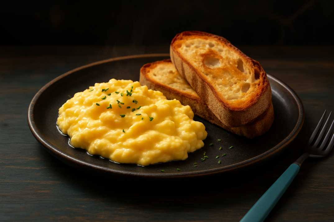 Low FODMAP scrambled eggs with sourdough toast on black plate.