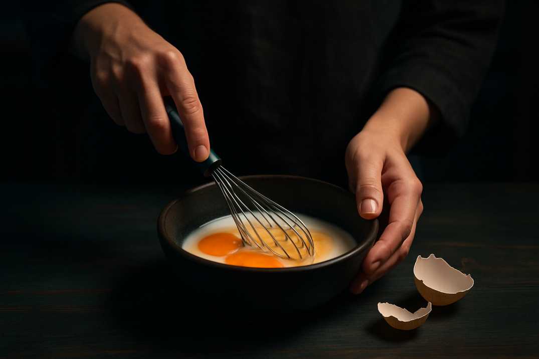 Whisking eggs with lactose-free milk in a black bowl