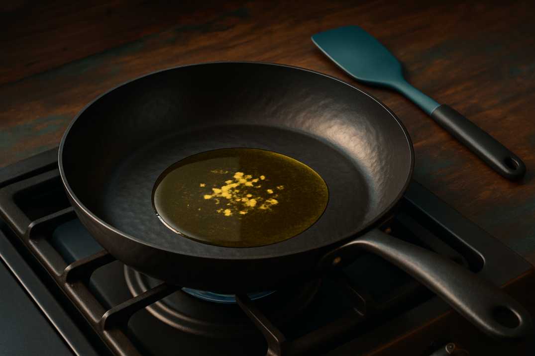 Heating garlic-infused olive oil in a black skillet