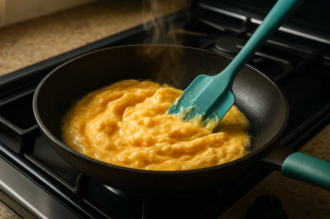 Scrambled eggs cooking in a black skillet