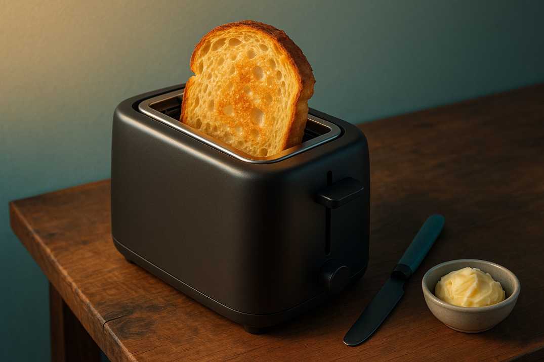 Sourdough toast popping from toaster on dark counter