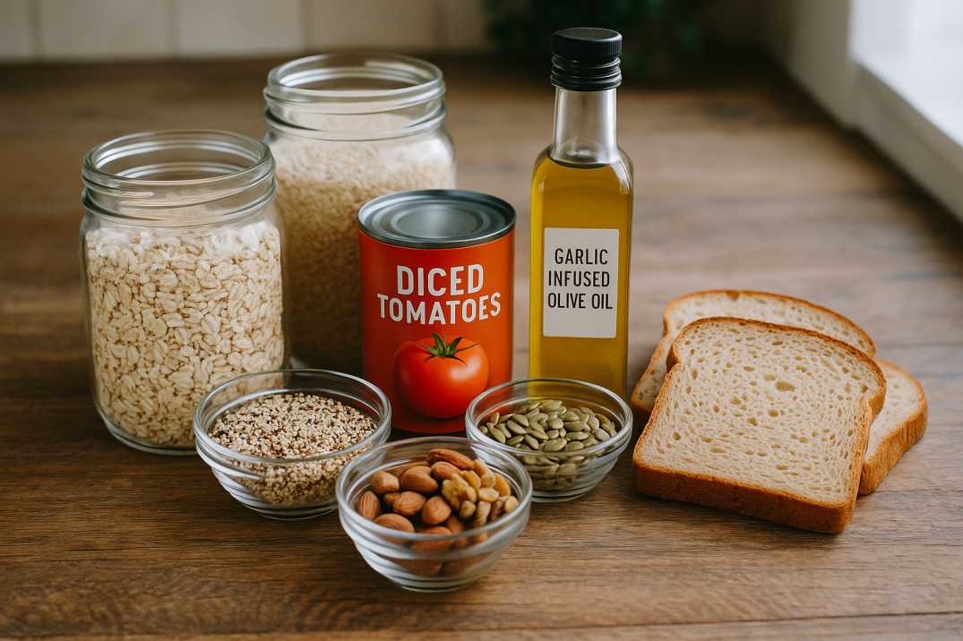Top 10 Low FODMAP Pantry Staples organized on kitchen counter