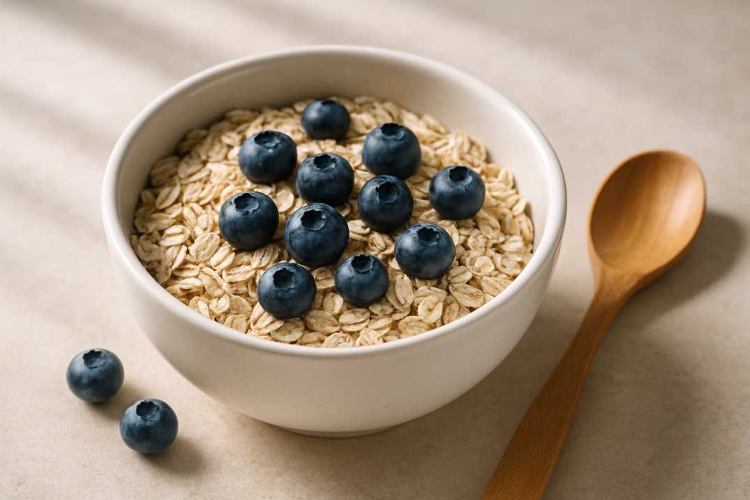 Top 10 Low FODMAP Pantry Staples. Rolled oats in bowl with blueberries