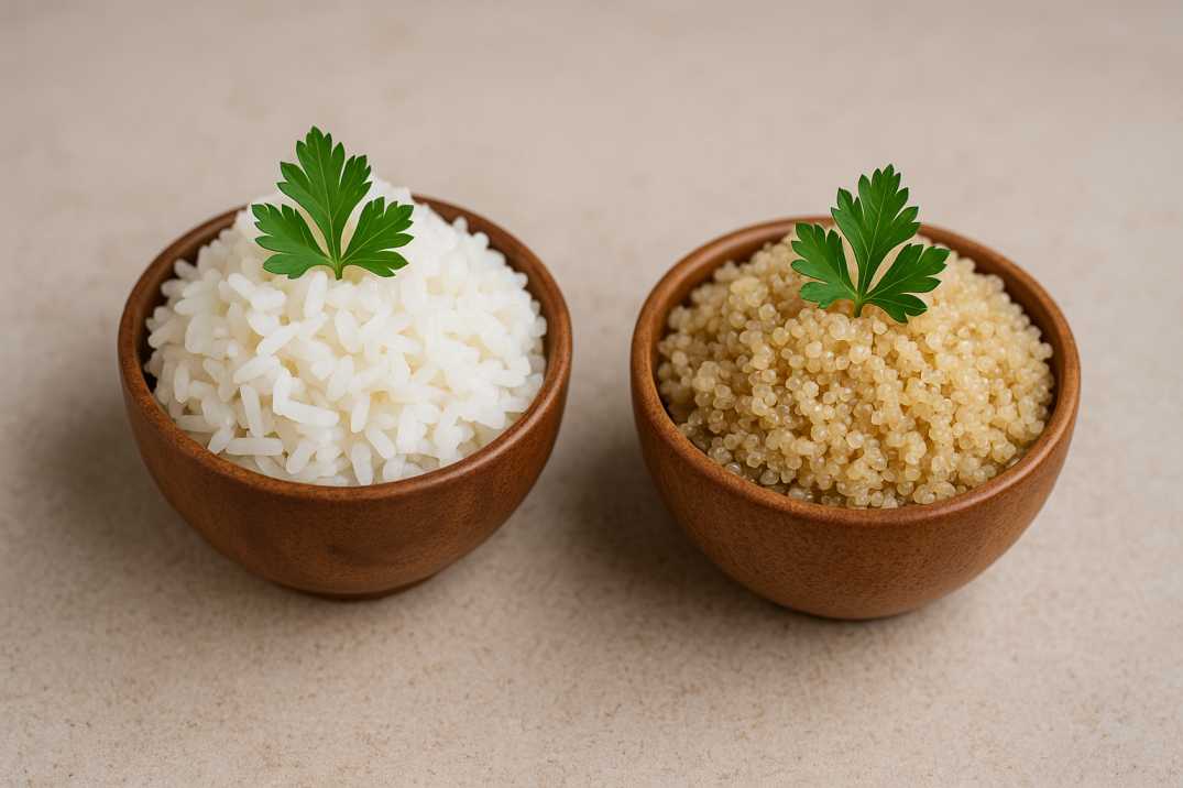 Cooked rice and quinoa in bowls