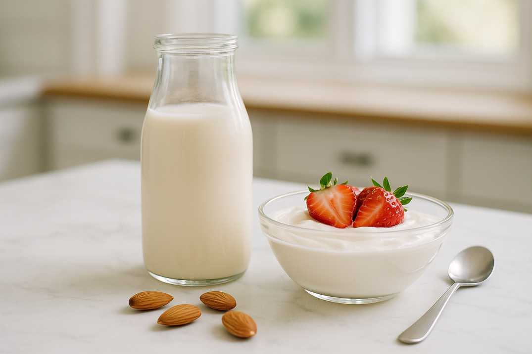 Almond milk and lactose-free yogurt with strawberries