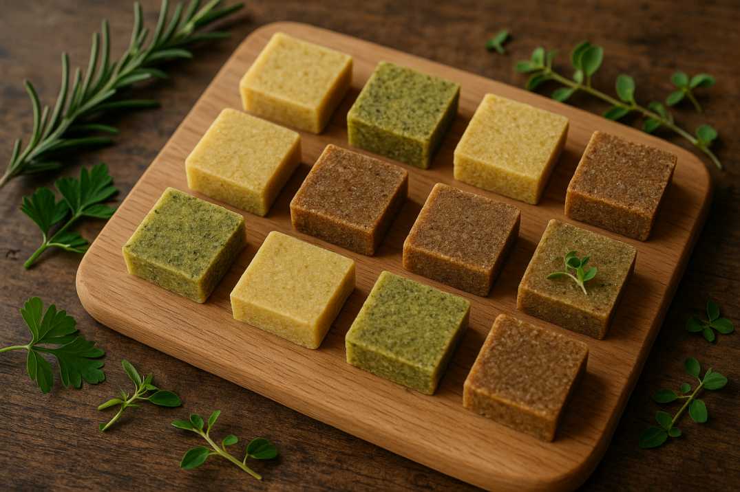 Low FODMAP stock cubes on cutting board