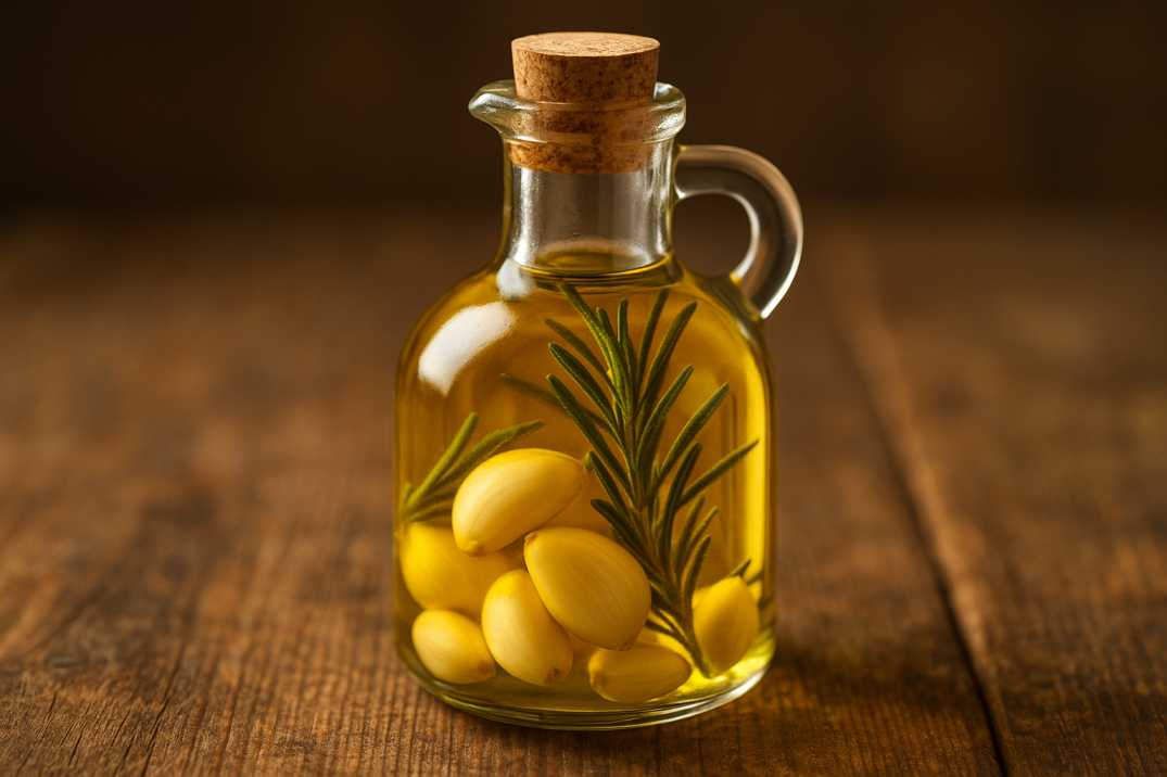 Garlic-infused olive oil bottle with rosemary
