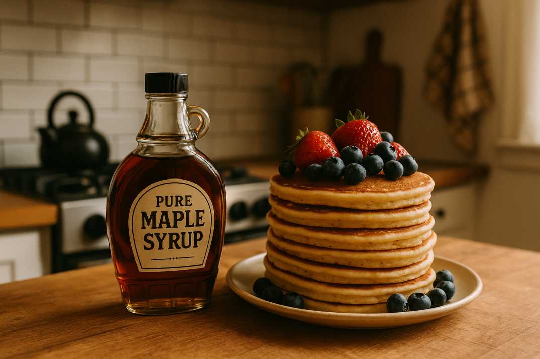 Maple syrup bottle and pancakes with berries