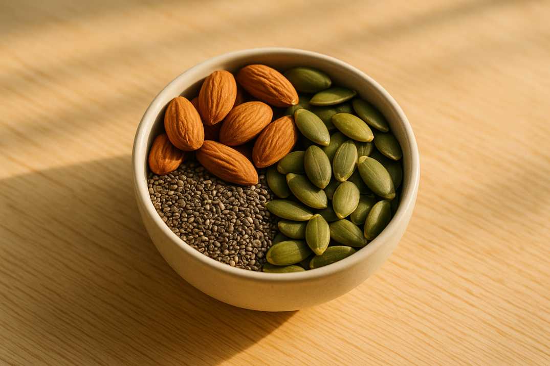 Almonds, chia seeds, and pumpkin seeds in bowl