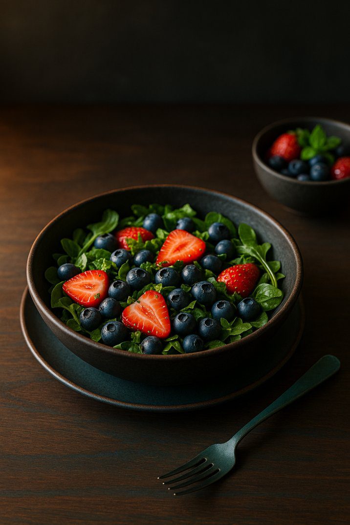 Rustic walnut tabletop with a matte-black ceramic bowl containing mixed greens, strawberries, blueberries, and mint, next to a teal-handled fork, with warm side lighting and blurred dark-slate backsplash. the recipe is Low FODMAP Summer Berry Salad