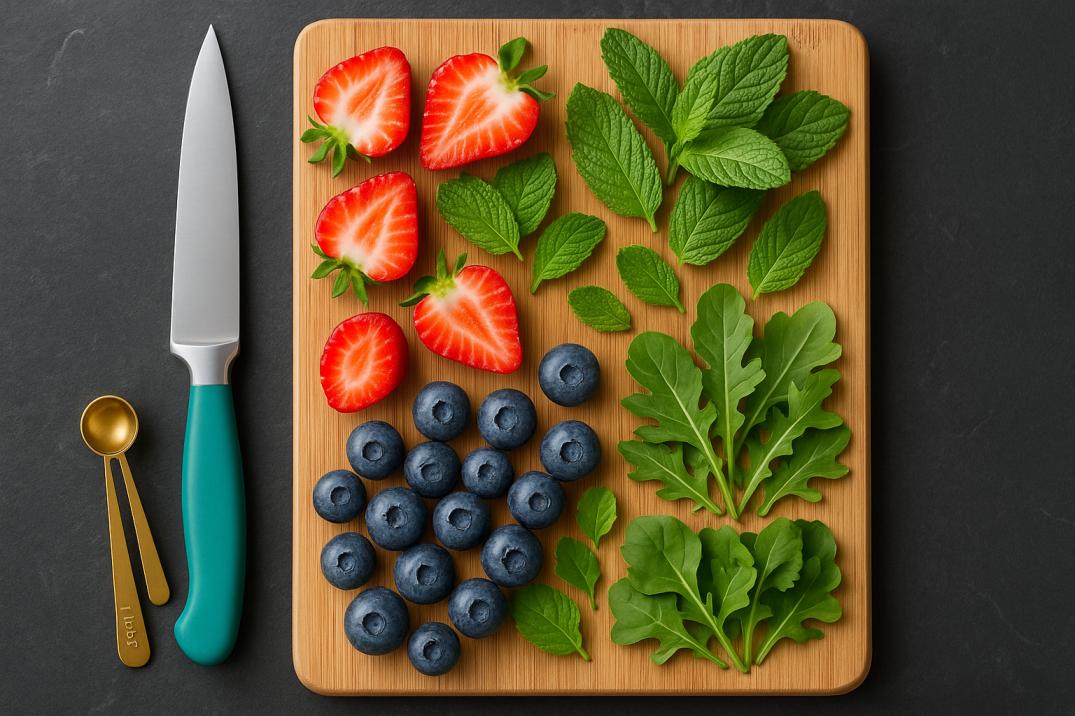 Fresh strawberries, blueberries, mint leaves, and arugula arranged on a wooden cutting board with a teal-handled knife and small gold measuring spoons.