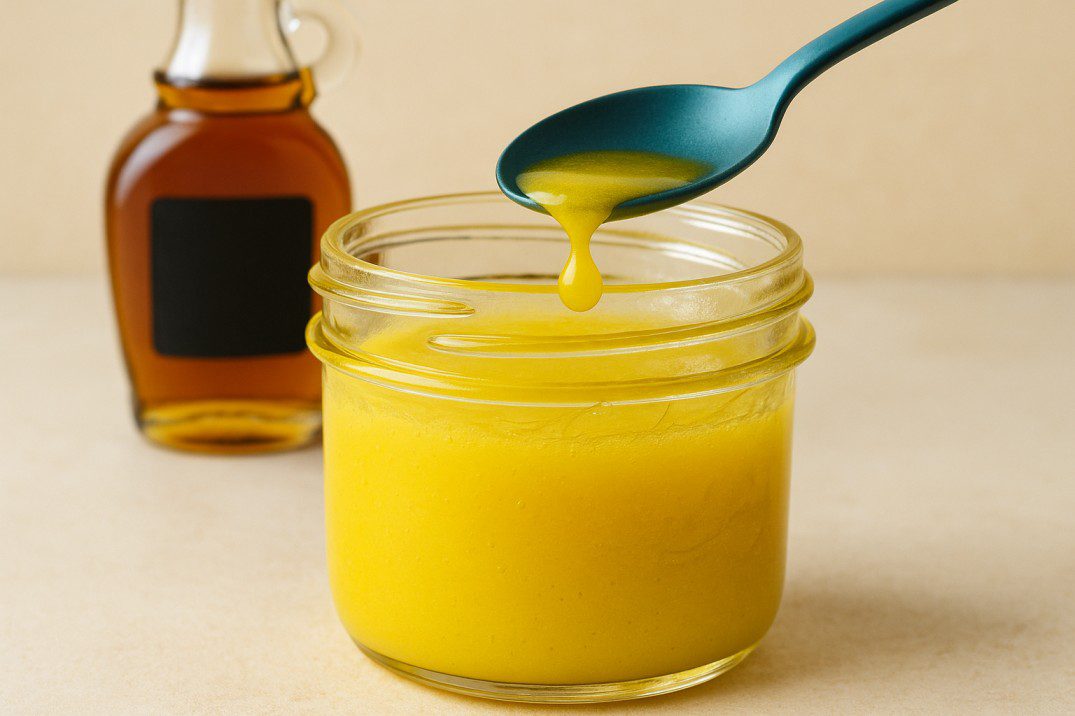 A teal spoon dripping yellow dressing into a glass jar filled with the same bright yellow liquid. A bottle of what appears to be maple syrup is blurred in the background.