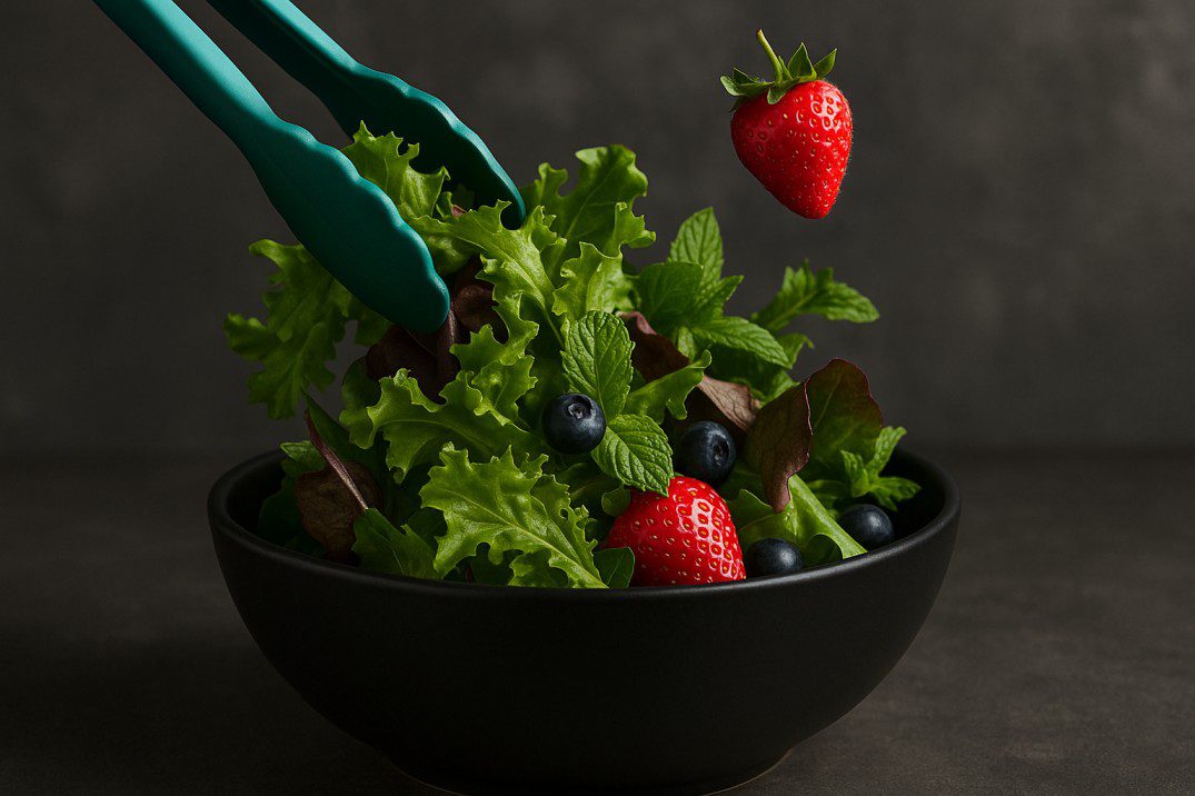 Teal tongs tossing fresh green salad leaves, red strawberries, and blue blueberries in a black bowl against a dark gray background.