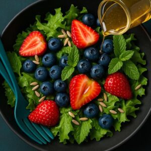 Top-down view of a vibrant summer berry salad in a black bowl with green lettuce, red strawberries, blue blueberries, mint leaves, and small seed-like garnishes. A stream of golden dressing is being poured from a glass jar. A teal fork and spoon are resting on the side.