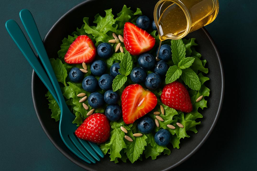 Top-down view of a vibrant summer berry salad in a black bowl with green lettuce, red strawberries, blue blueberries, mint leaves, and small seed-like garnishes. A stream of golden dressing is being poured from a glass jar. A teal fork and spoon are resting on the side.