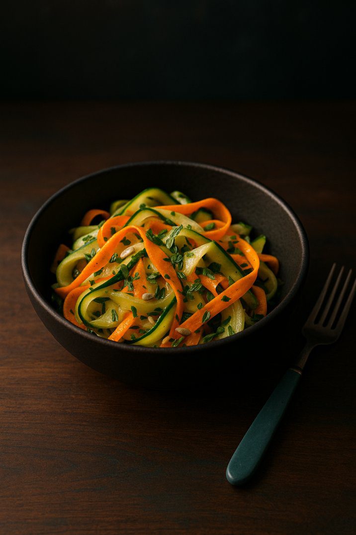 Matte-black bowl on a rustic walnut tabletop holding zucchini and carrot ribbons tossed in lemon-olive oil dressing with mint and chives; a teal-handled fork rests beside against a blurred dark-slate backsplash.