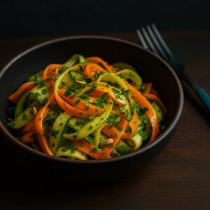 Matte-black bowl on a rustic walnut tabletop holding zucchini and carrot ribbons tossed in lemon-olive oil dressing with mint and chives; a teal-handled fork rests beside against a blurred dark-slate backsplash.