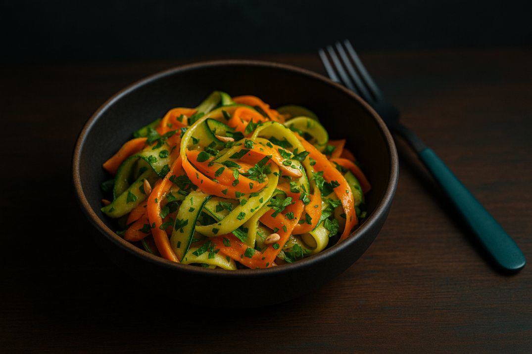Matte-black bowl on a rustic walnut tabletop holding zucchini and carrot ribbons tossed in lemon-olive oil dressing with mint and chives; a teal-handled fork rests beside against a blurred dark-slate backsplash.