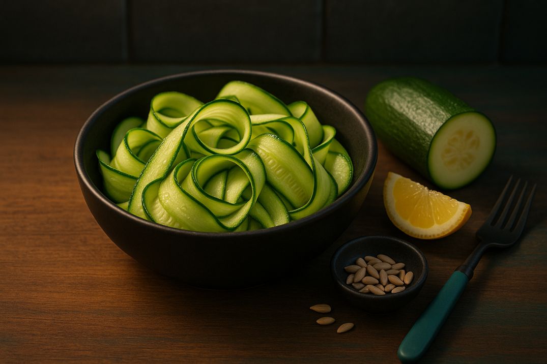 Low FODMAP zucchini ribbons in a matte-black ceramic bowl on a rustic walnut tabletop, with visible water droplets on the bright green zucchini, a halved zucchini cross-section, lemon wedge, and sunflower seeds, lit by warm side lighting and subtle teal fill against a blurred dark-slate backsplash
