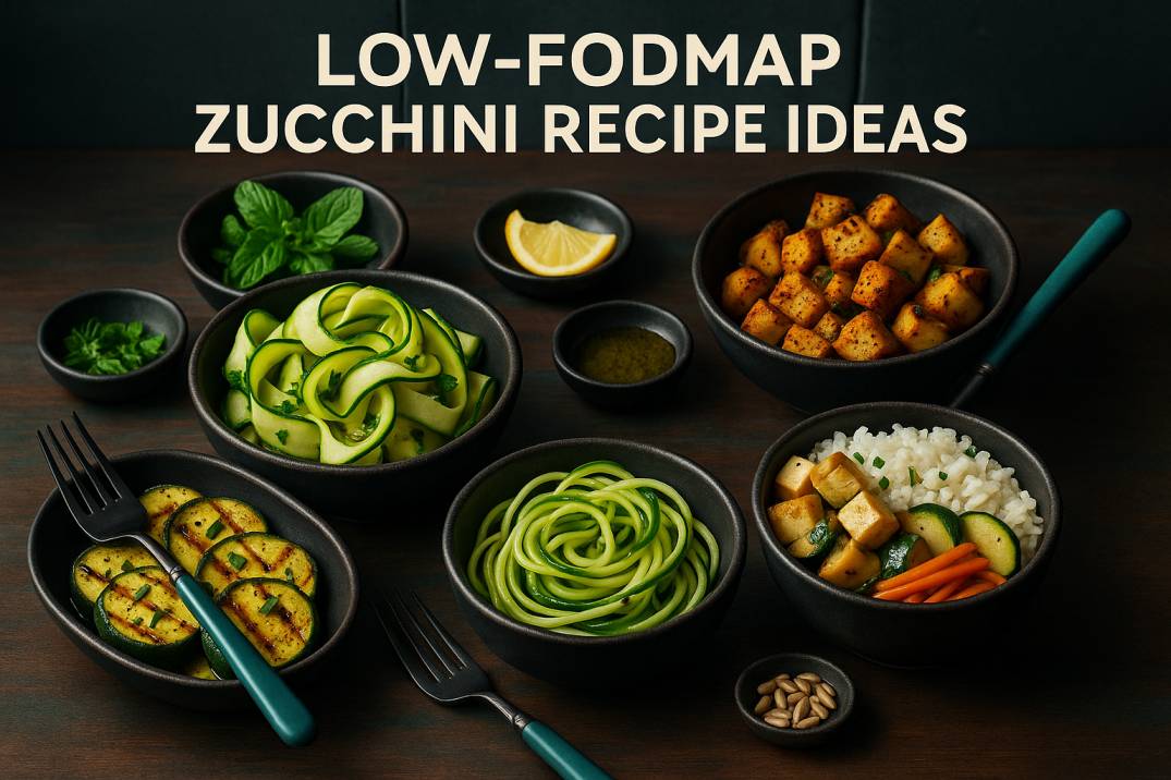 Low FODMAP zucchini recipe ideas displayed in matte-black bowls on a rustic walnut tabletop with subtle teal undertones, showing zucchini ribbons, roasted zucchini, grilled zucchini slices, zoodles, and a tofu-zucchini rice bowl sample under warm side lighting and a blurred dark-slate backsplash.