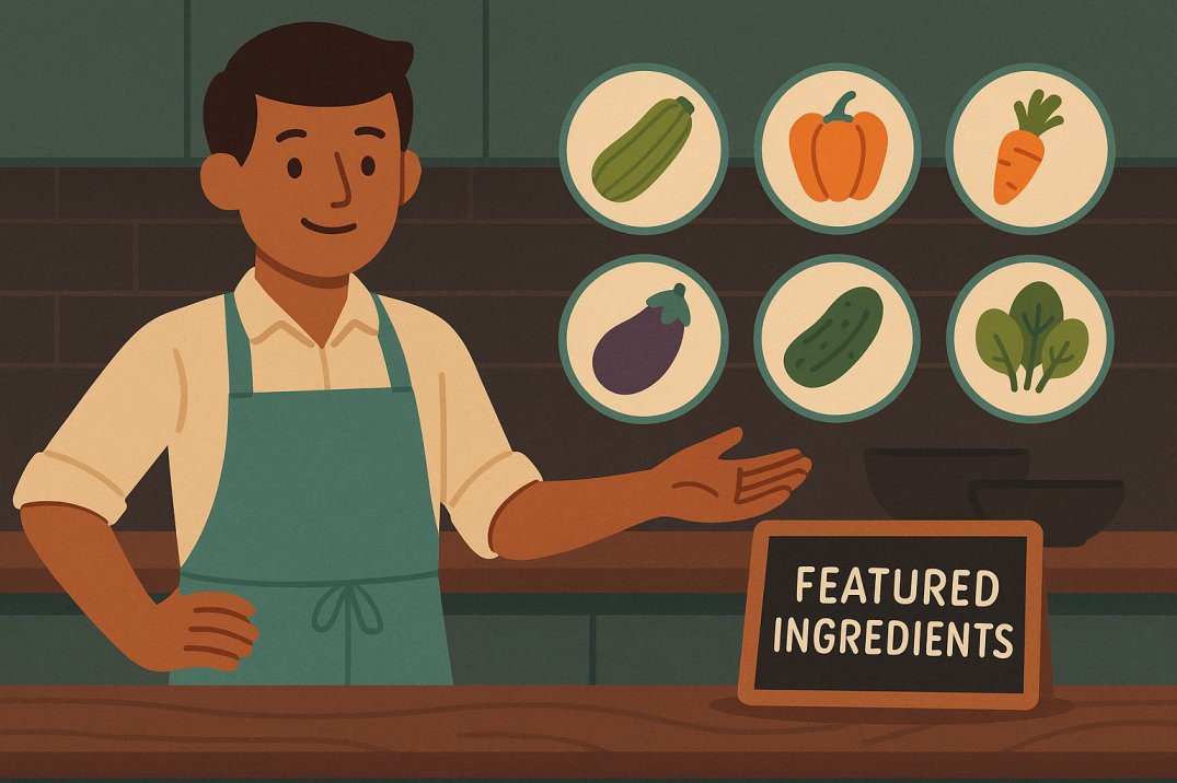 Cartoon-style illustration of a young man in a neutral-toned linen shirt and teal-accent apron gesturing toward circular icons of low FODMAP ingredients (zucchini, bell pepper, carrot, eggplant, cucumber, spinach) on a rustic walnut countertop with teal undertones and dark-slate backsplash, representing the low FODMAP ingredient deep dive