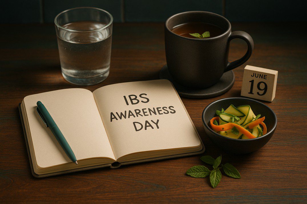 Open notebook titled “IBS Awareness Day” beside a teal-handled pen, a matte-black mug of herbal tea, a glass of water, and a small bowl of low-FODMAP zucchini ribbons on a rustic walnut tabletop with subtle teal undertones and softly blurred dark-slate backsplash.