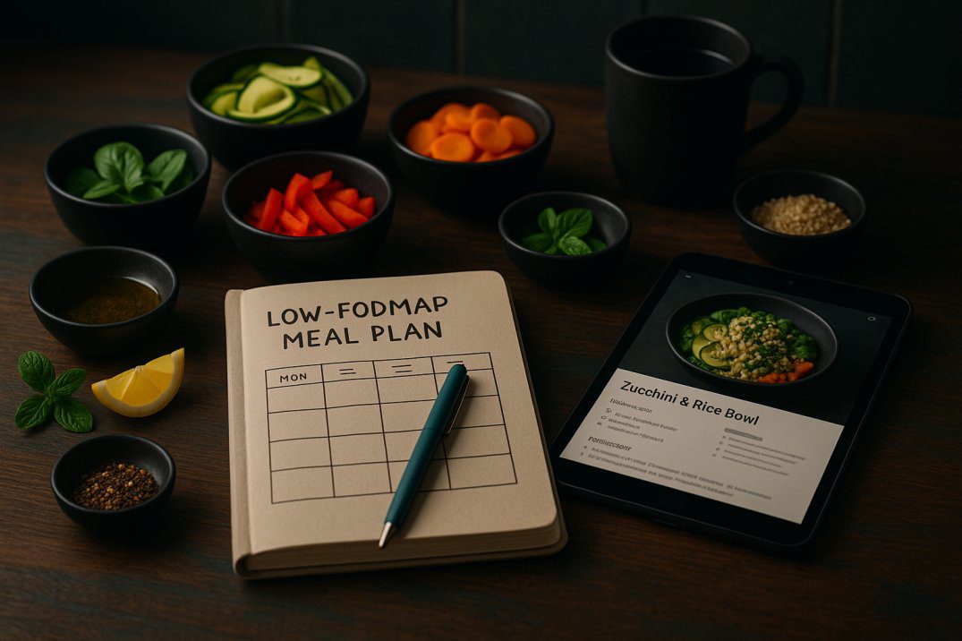 IBS Awareness Day tips: Low-FODMAP meal plan setup with a notebook titled “Low-FODMAP Meal Plan,” a teal-handled pen, a tablet showing a low-FODMAP recipe, and small matte-black bowls of prepped zucchini, carrot, bell pepper, and spinach on a rustic walnut tabletop with warm side lighting and a blurred dark-slate backsplash.