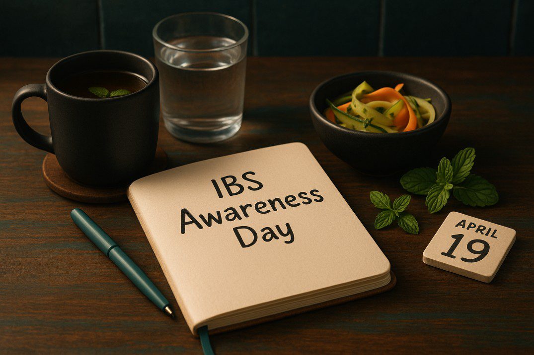 Open notebook titled “IBS Awareness Day” beside a teal-handled pen, a matte-black mug of herbal tea, a glass of water, and a small bowl of low-FODMAP zucchini ribbons on a rustic walnut tabletop with subtle teal undertones and softly blurred dark-slate backsplash.