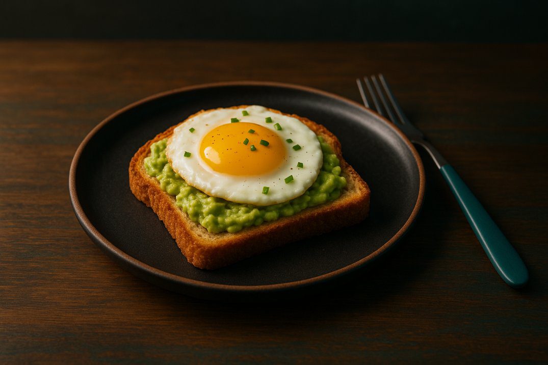Low FODMAP avocado egg toast: a matte-black plate on a rustic walnut tabletop holding a slice of toasted low-FODMAP bread topped with mashed avocado and a perfectly cooked egg, garnished with chopped chives, under warm side lighting and subtle teal-fill.