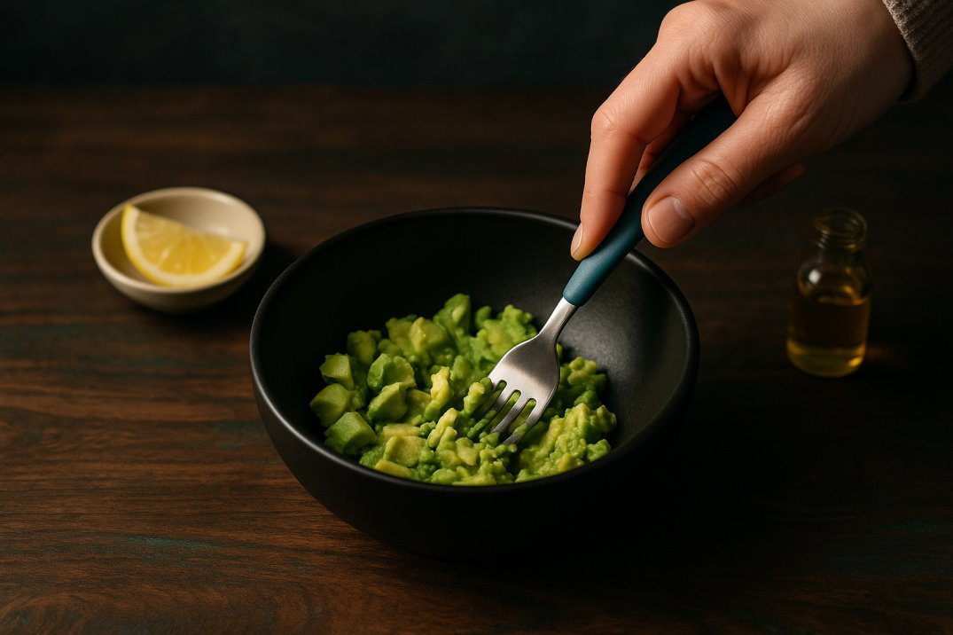 Low FODMAP avocado egg toast prep: a hand mashing vibrant green avocado in a matte-black bowl on a rustic walnut tabletop with teal undertones under warm side lighting and subtle teal-fill.