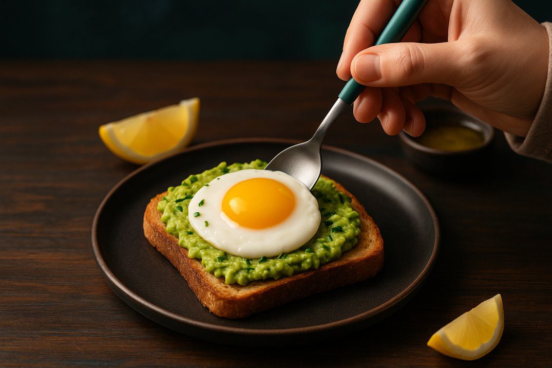 Low FODMAP avocado egg toast assembly: a hand placing a perfectly cooked egg atop vibrant green mashed avocado on toasted bread, on a matte-black plate on a rustic walnut tabletop with warm side lighting and subtle teal-fill.