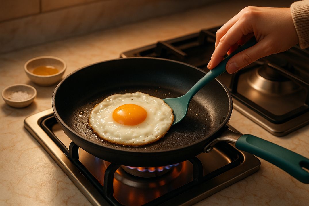 Cooking egg for low FODMAP avocado egg toast: a teal-handled spatula lifting the edge of a sunny-side-up egg frying in a matte-black pan over a lit gas burner on a marble countertop, under warm side lighting and subtle teal-fill.