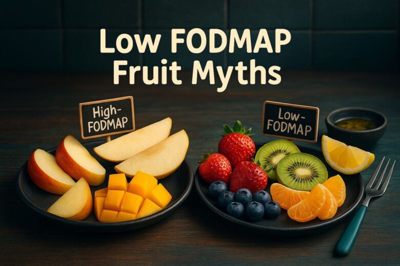 High-FODMAP apple, pear, and mango slices paired with low-FODMAP strawberries, blueberries, kiwi, and orange segments on matte-black plates atop a rustic walnut tabletop with subtle teal undertones—illustrating low FODMAP fruit myths in a cozy TummyVibes kitchen setting.