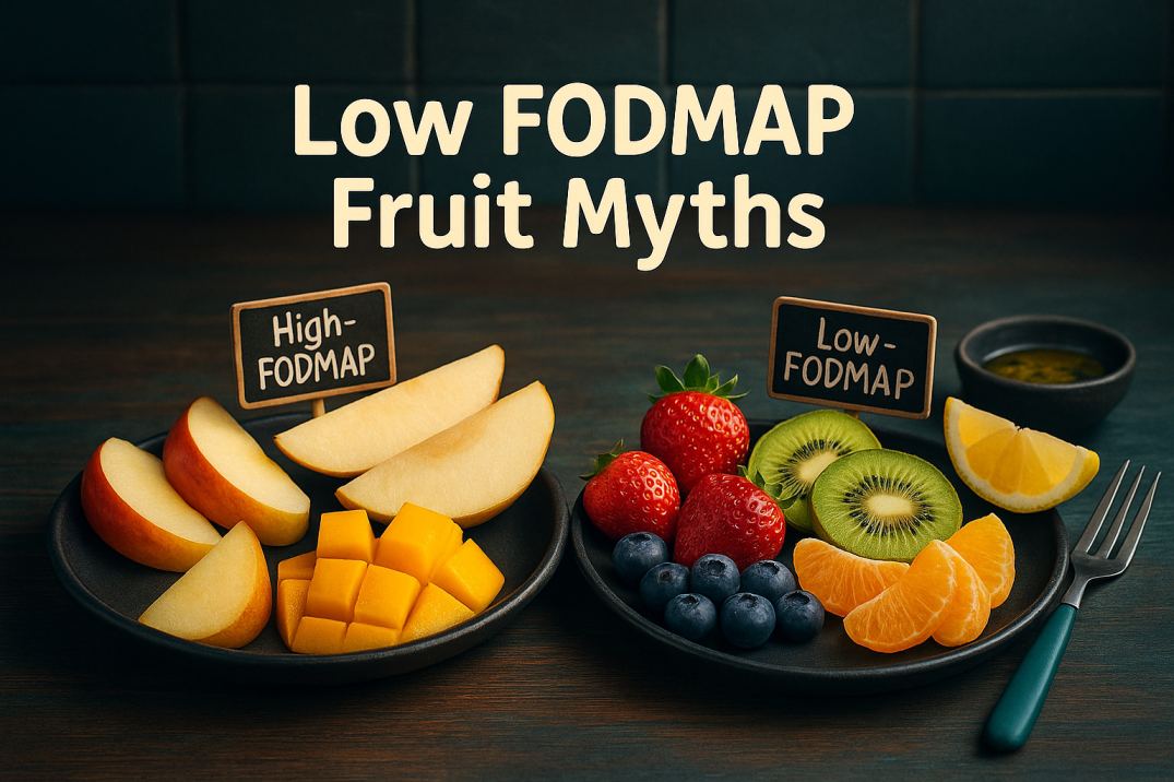 High-FODMAP apple, pear, and mango slices paired with low-FODMAP strawberries, blueberries, kiwi, and orange segments on matte-black plates atop a rustic walnut tabletop with subtle teal undertones—illustrating low FODMAP fruit myths in a cozy TummyVibes kitchen setting.