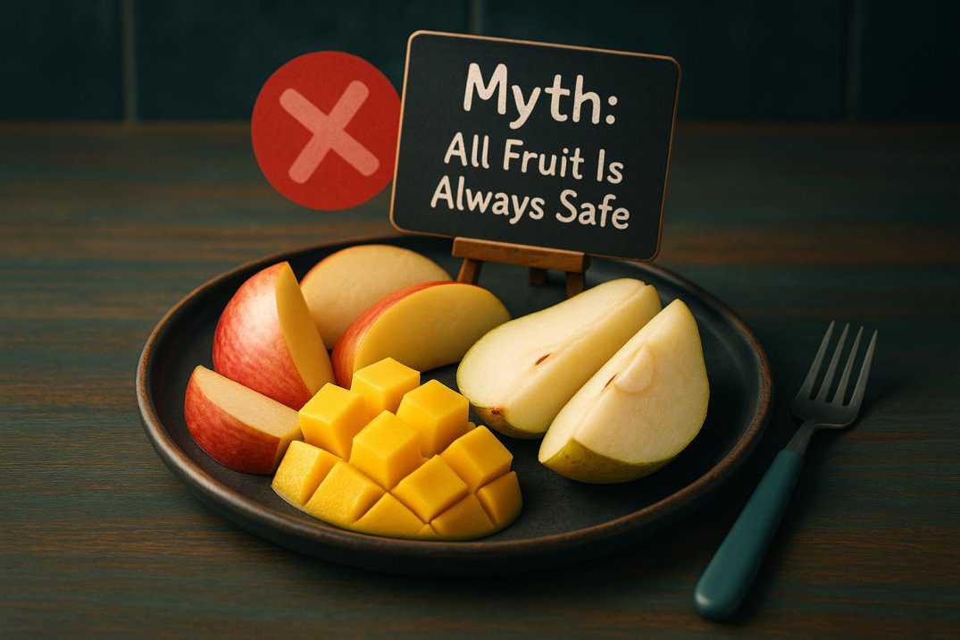 A matte-black plate on a rustic walnut tabletop holding apple wedges, pear slices, and mango cubes with a small chalkboard sign reading “Myth: All Fruit Is Always Safe” and a red “X” graphic, under warm side lighting and subtle teal-fill, illustrating low FODMAP fruit myths.