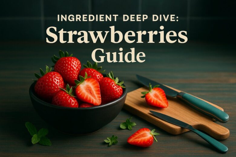 Fresh strawberries—whole and halved—in a matte-black bowl with a teal-handled knife slicing a berry on a wood cutting board, arranged on a walnut tabletop with teal undertones, illustrating the low FODMAP strawberries guide.