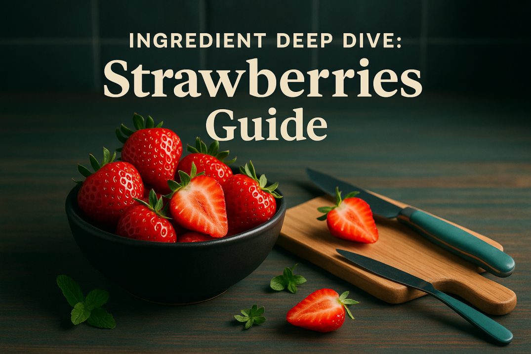 Fresh strawberries—whole and halved—in a matte-black bowl with a teal-handled knife slicing a berry on a wood cutting board, arranged on a walnut tabletop with teal undertones, illustrating the low FODMAP strawberries guide.